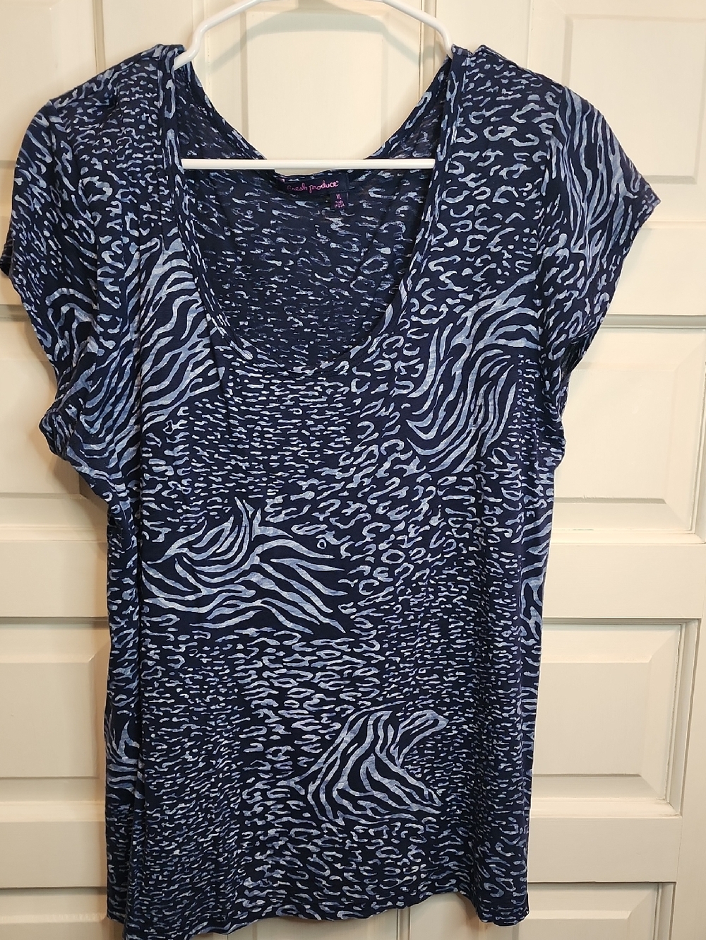 FRESH PRODUCE Navy and Light Blue Animal Print Scoop Neck Top Capped sleeves